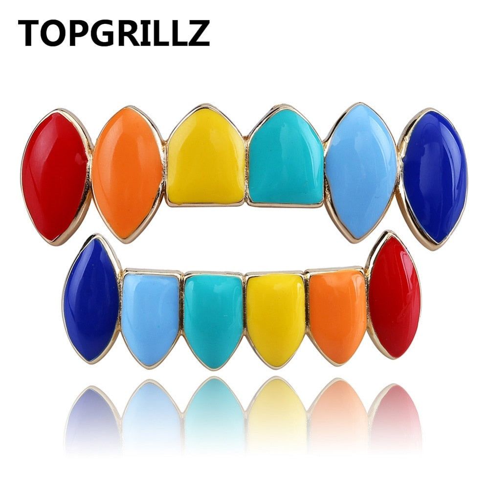 TOPGRILLZ Hip Hop Gold Tekashi69 Rainbow Teeth Grillz Top&Bottom